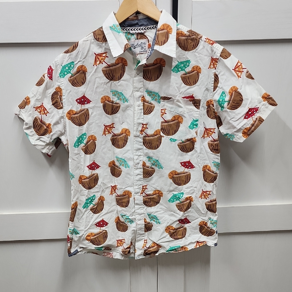Men's White Cocunut Print Casual Button Up Shirt